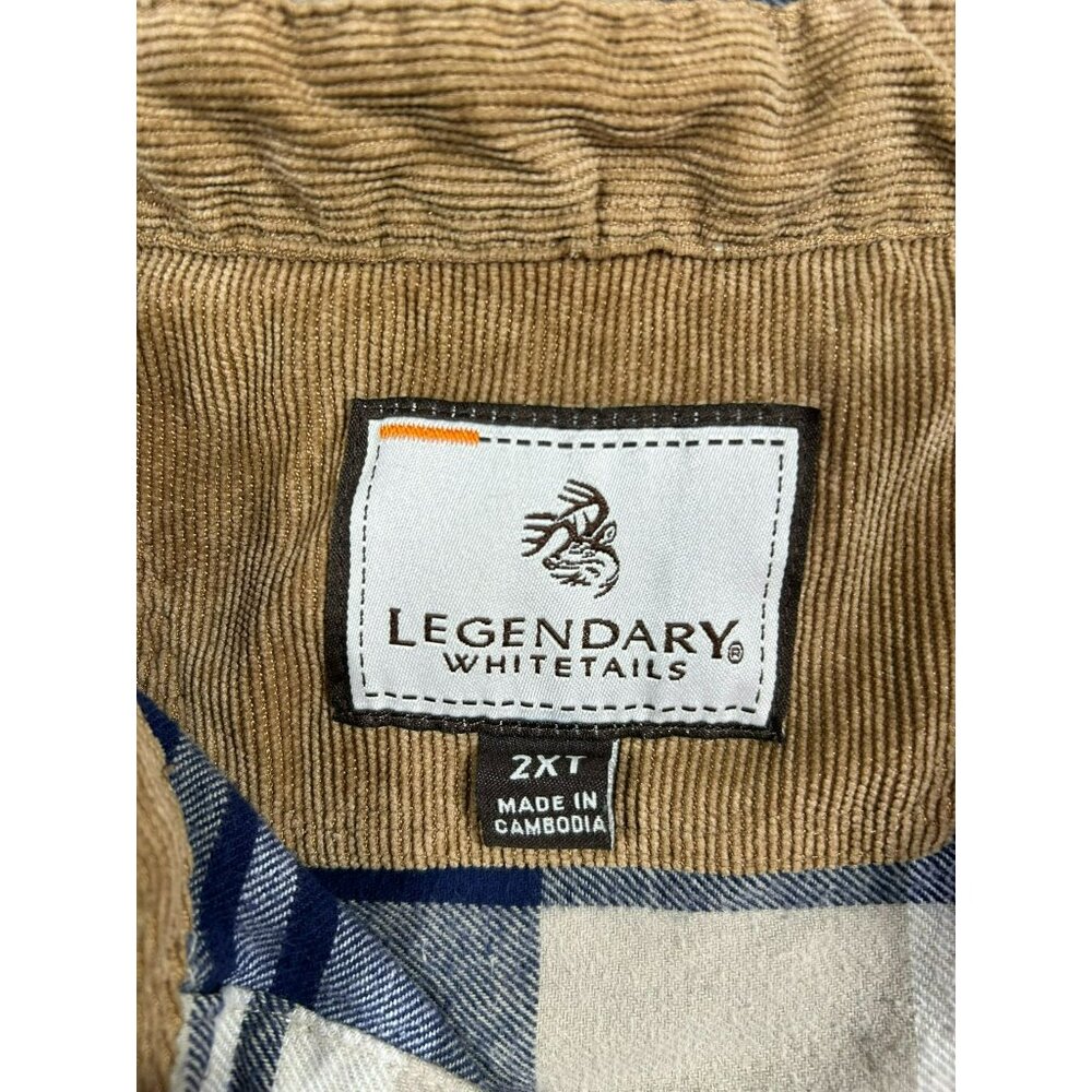 Legendary Whitetails Men's 2XT Plaid Flannel Shirt Corduroy Accents Beige & Blue - Picture 2 of 8